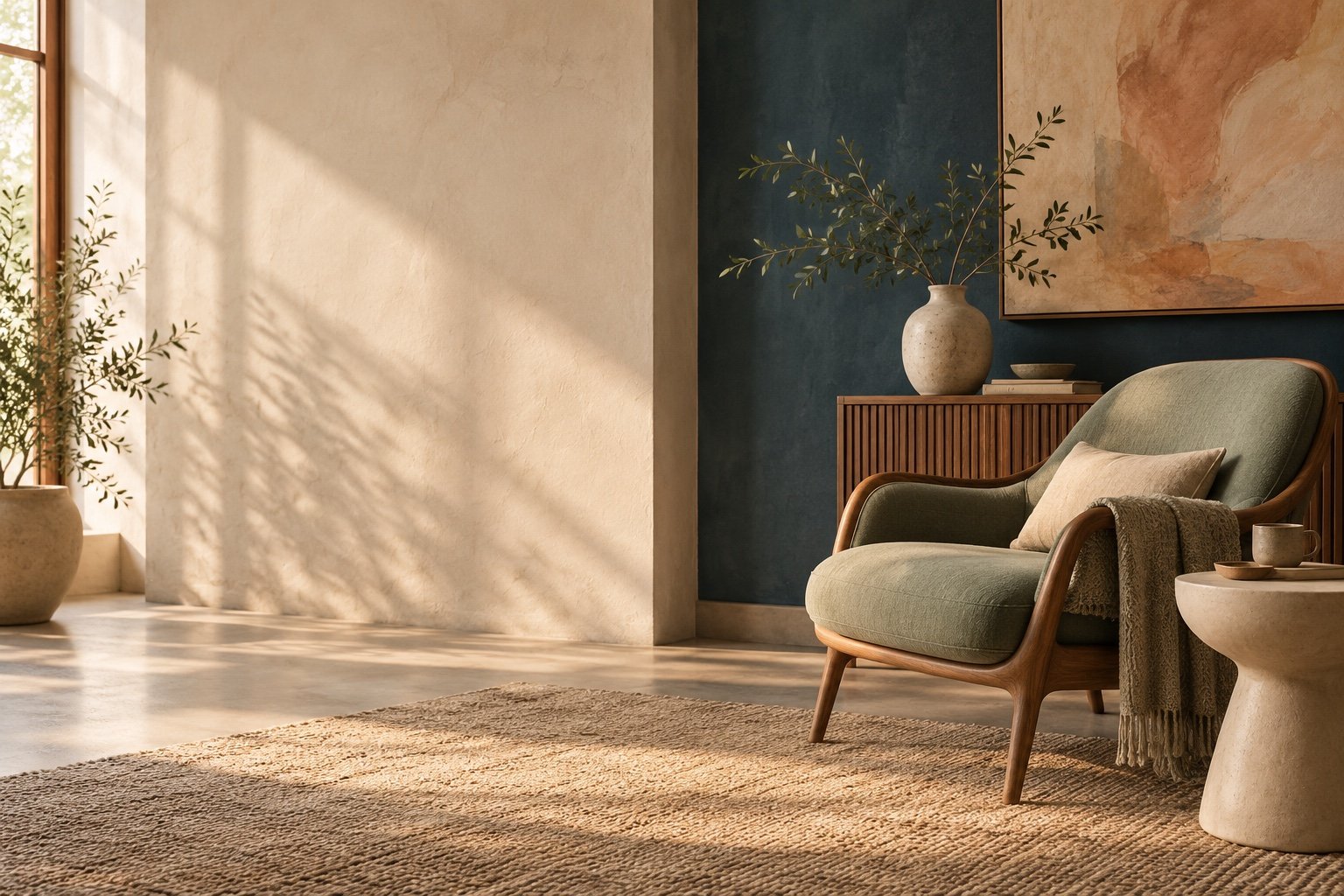 Quiet therapy room with a sage armchair beside a warmly lit wall.