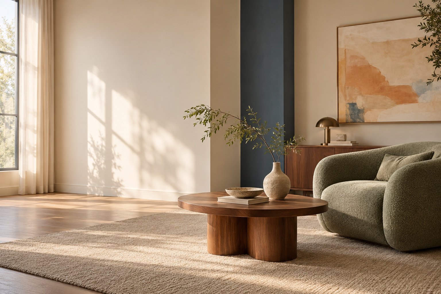 Sunlit therapy room with lounge chairs, a wood coffee table and a leafy plant.